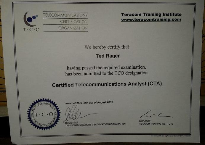 Certified Telecommunications Analyst (CTA) certificate or award photograph