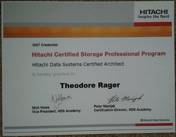Hitachi Data Systems Certified Architect certificate or award photograph