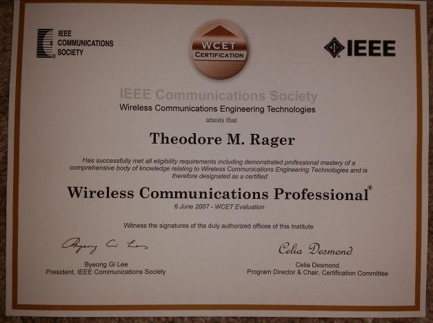 Wireless Communications Professional (WCET) certificate or award photograph