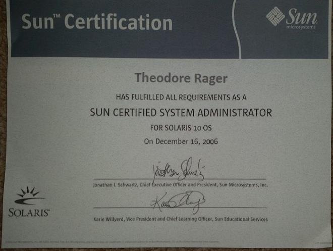 Sun Certified System Administrator certificate or award photograph