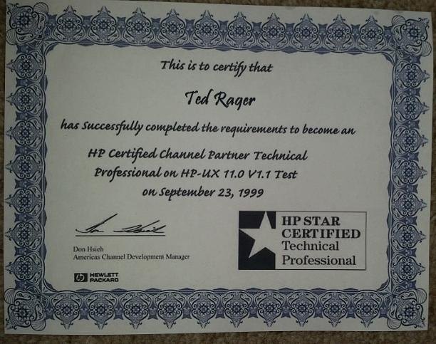 HP Certified Channel Partner Technical Professional certificate or award photograph