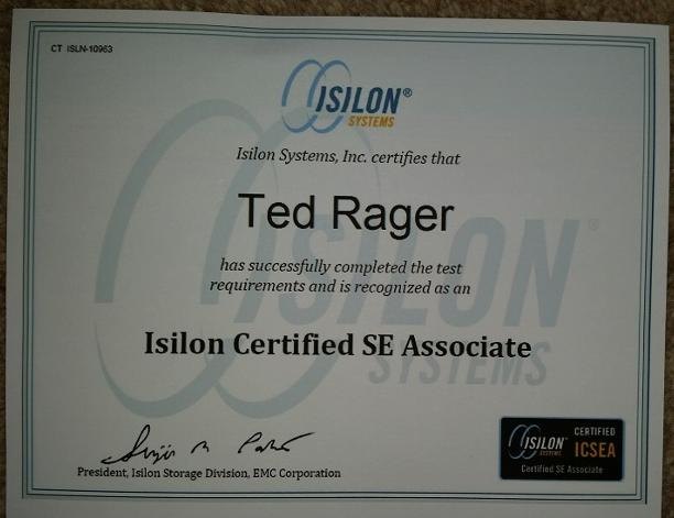 Isilon Certified SE Associate certificate or award photograph
