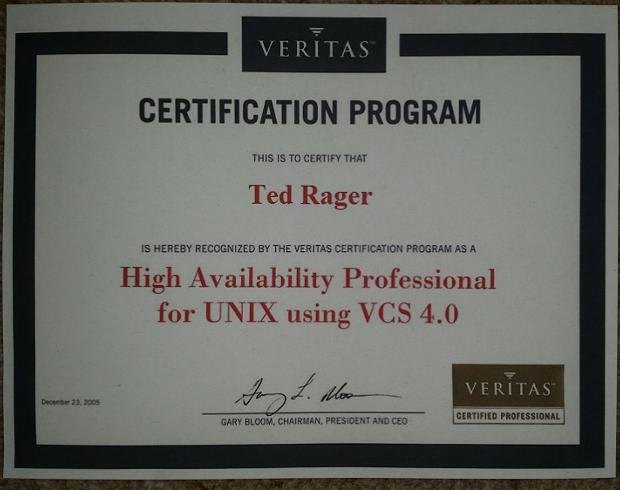 VERITAS High Availability Professional certificate or award photograph
